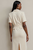 Ivory Notched Lapel Pencil Midi Blazer Dress with