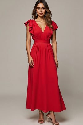 Red V-Neck A Line Long Wedding Guest Dress with Ruffles