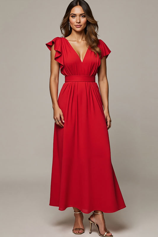 Red V-Neck A Line Long Wedding Guest Dress with Ruffles