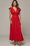 Red V-Neck A Line Long Wedding Guest Dress with Ruffles
