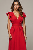 Red V-Neck A Line Long Wedding Guest Dress with Ruffles