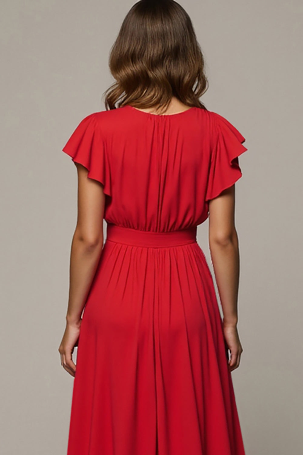 Red V-Neck A Line Long Wedding Guest Dress with Ruffles