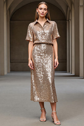 Sparkly Champagne 2 Piece Sequin Long Holiday Party Dress