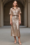 Sparkly Champagne 2 Piece Sequin Long Holiday Party Dress