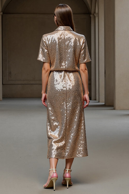 Sparkly Champagne 2 Piece Sequin Long Holiday Party Dress