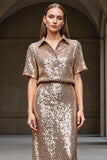 Sparkly Champagne 2 Piece Sequin Long Holiday Party Dress
