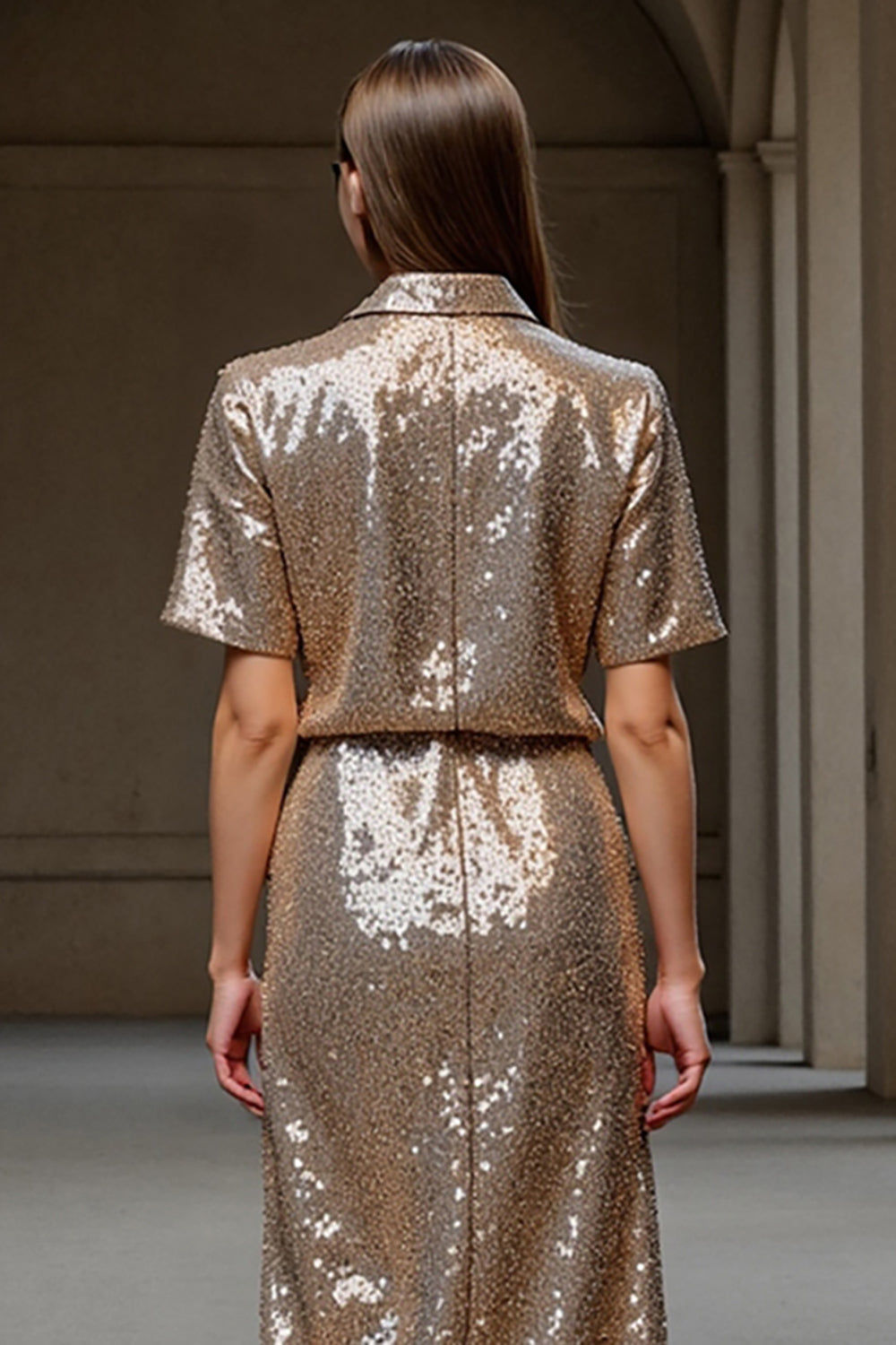 Sparkly Champagne 2 Piece Sequin Long Holiday Party Dress