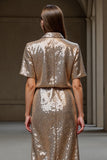 Sparkly Champagne 2 Piece Sequin Long Holiday Party Dress