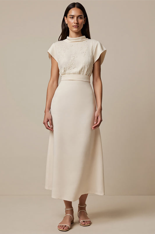 Ivory Short Sleeves High Neck Maxi Work Dress