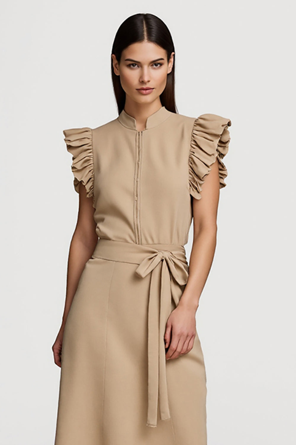 Khaki Ruffled Pencil Midi Work Dress with Sash