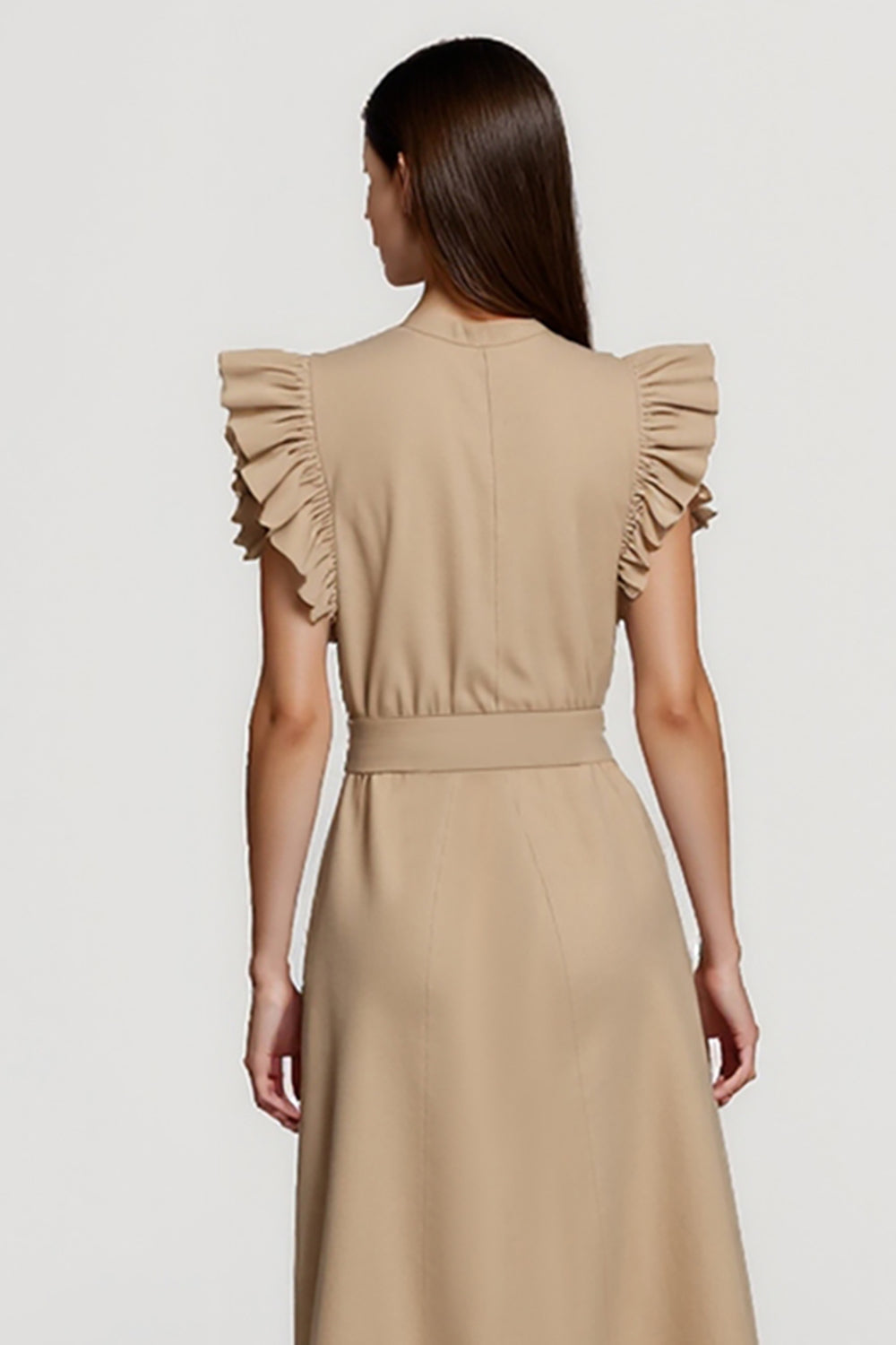 Khaki Ruffled Pencil Midi Work Dress with Sash