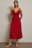 Red Ruched A Line Spaghetti Straps Long Semi Formal Dress
