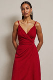 Red Ruched A Line Spaghetti Straps Long Semi Formal Dress