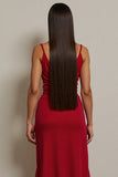 Red Ruched A Line Spaghetti Straps Long Semi Formal Dress