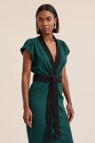 Dark Green Pencil V-Neck Midi Work Dress with Sash