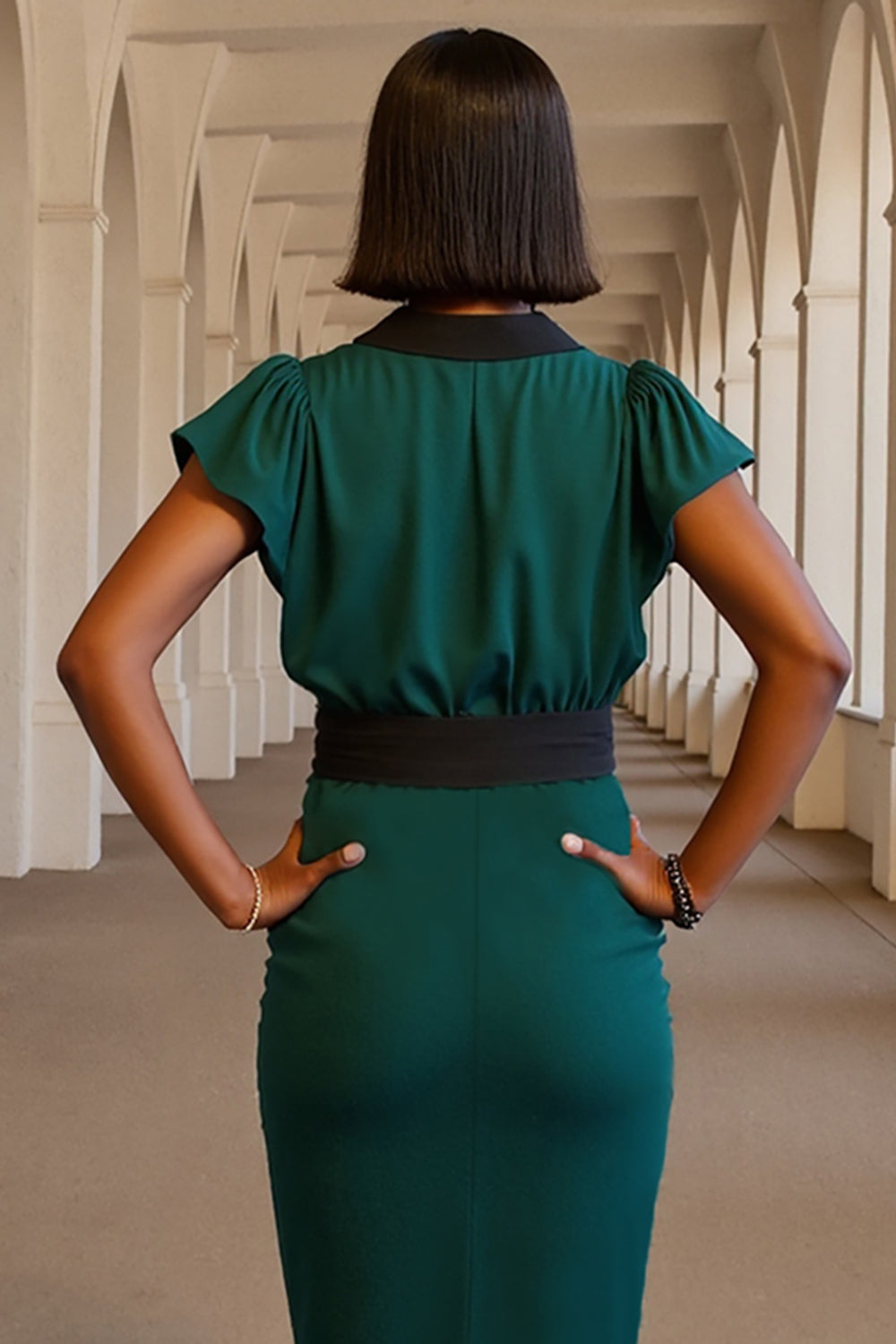 Dark Green Pencil V-Neck Midi Work Dress with Sash
