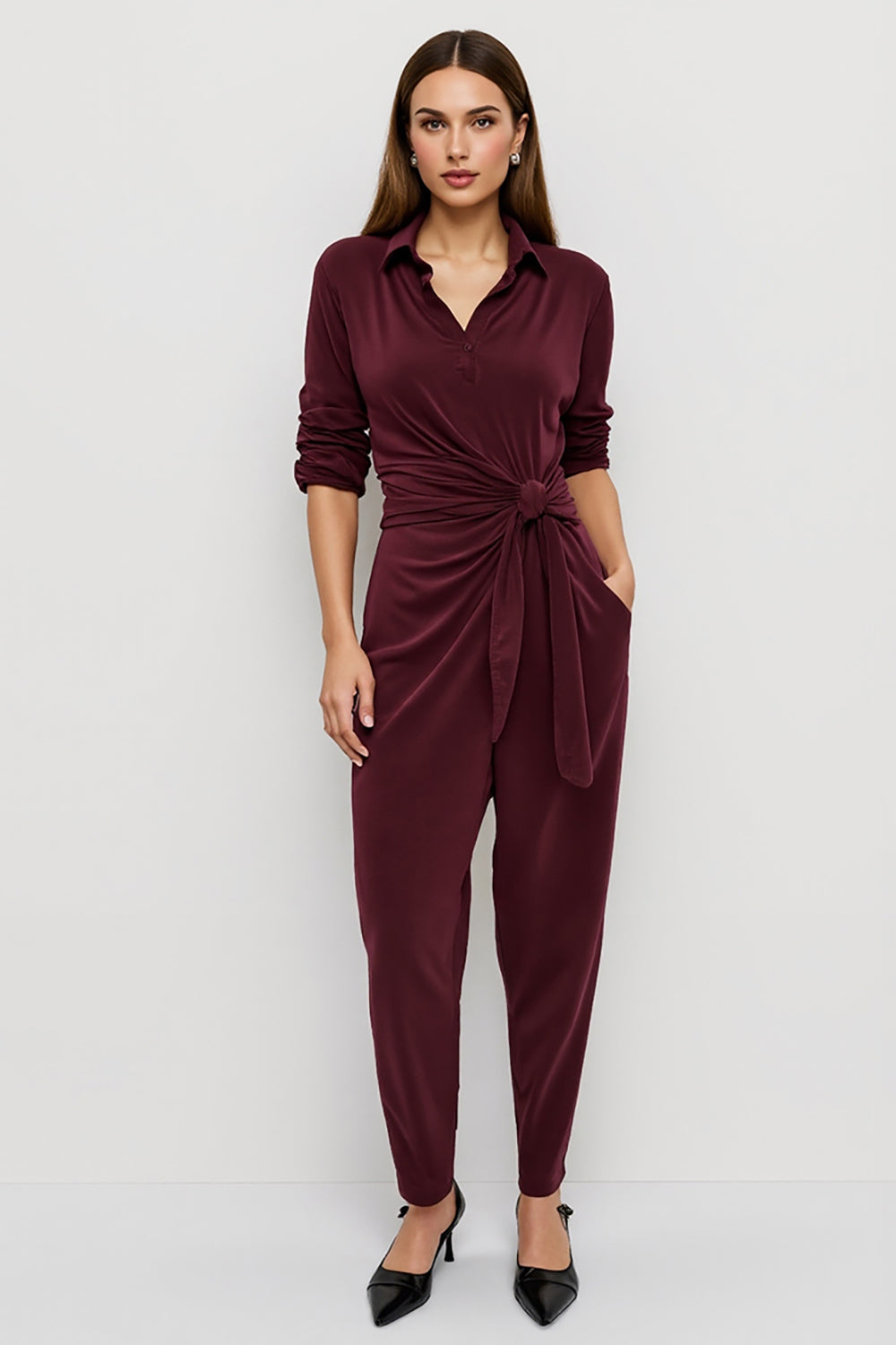 Burgundy Ruched Fitted Velvet Work Jumpsuits with Sash