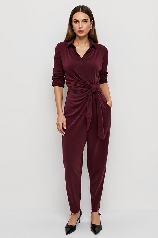 Burgundy Ruched Fitted Velvet Work Jumpsuits with Sash