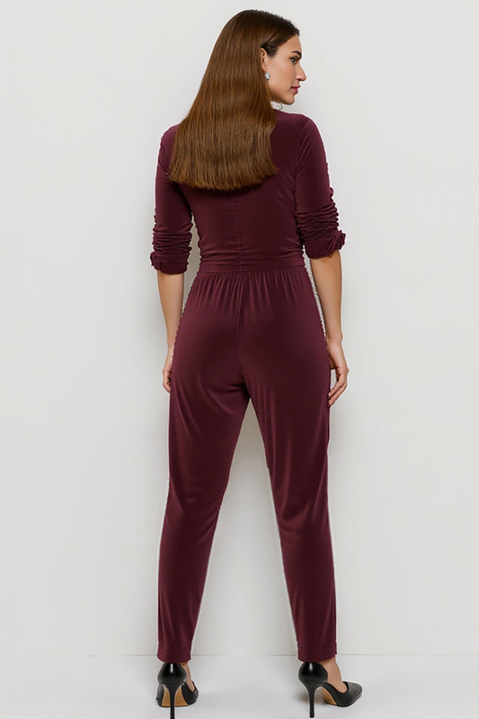Burgundy Ruched Fitted Velvet Work Jumpsuits with Sash