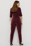 Burgundy Ruched Fitted Velvet Work Jumpsuits with Sash