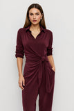 Burgundy Ruched Fitted Velvet Work Jumpsuits with Sash