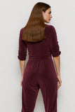 Burgundy Ruched Fitted Velvet Work Jumpsuits with Sash