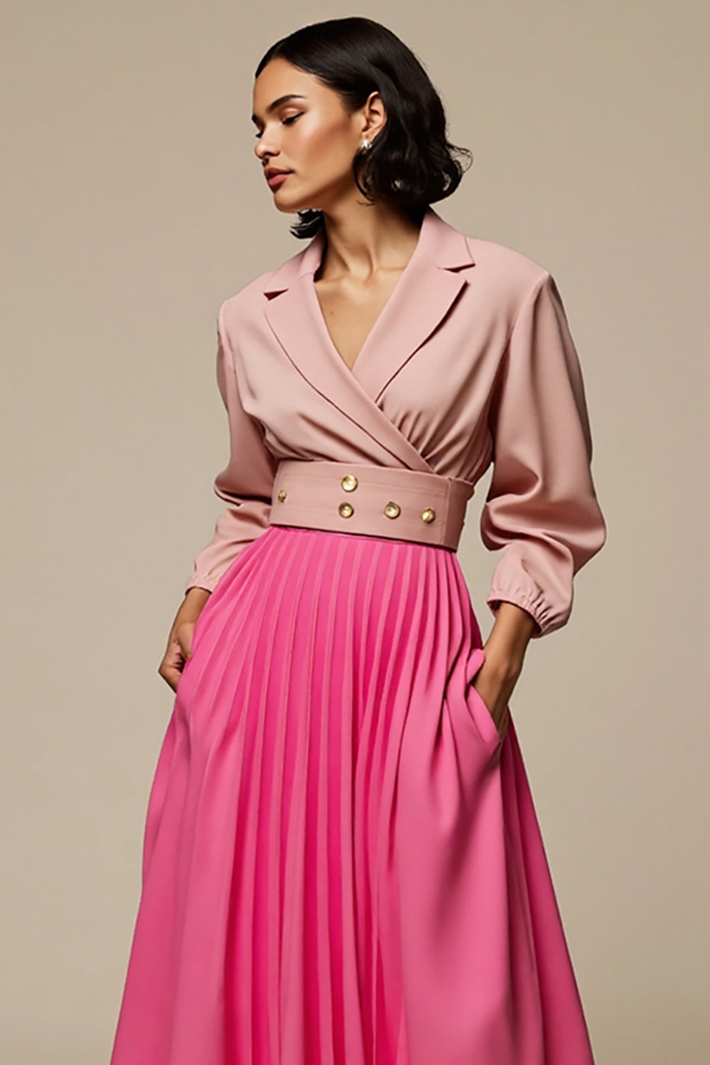 Fuchsia Notched Lapel 2 Piece Blouses and Skirt with Pockets