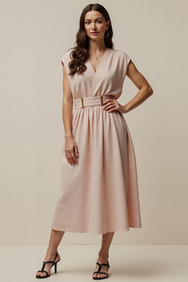 Blush V-Neck A Line Maxi Work Dress with Belt