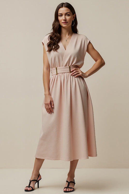 Blush V-Neck A Line Maxi Work Dress with Belt