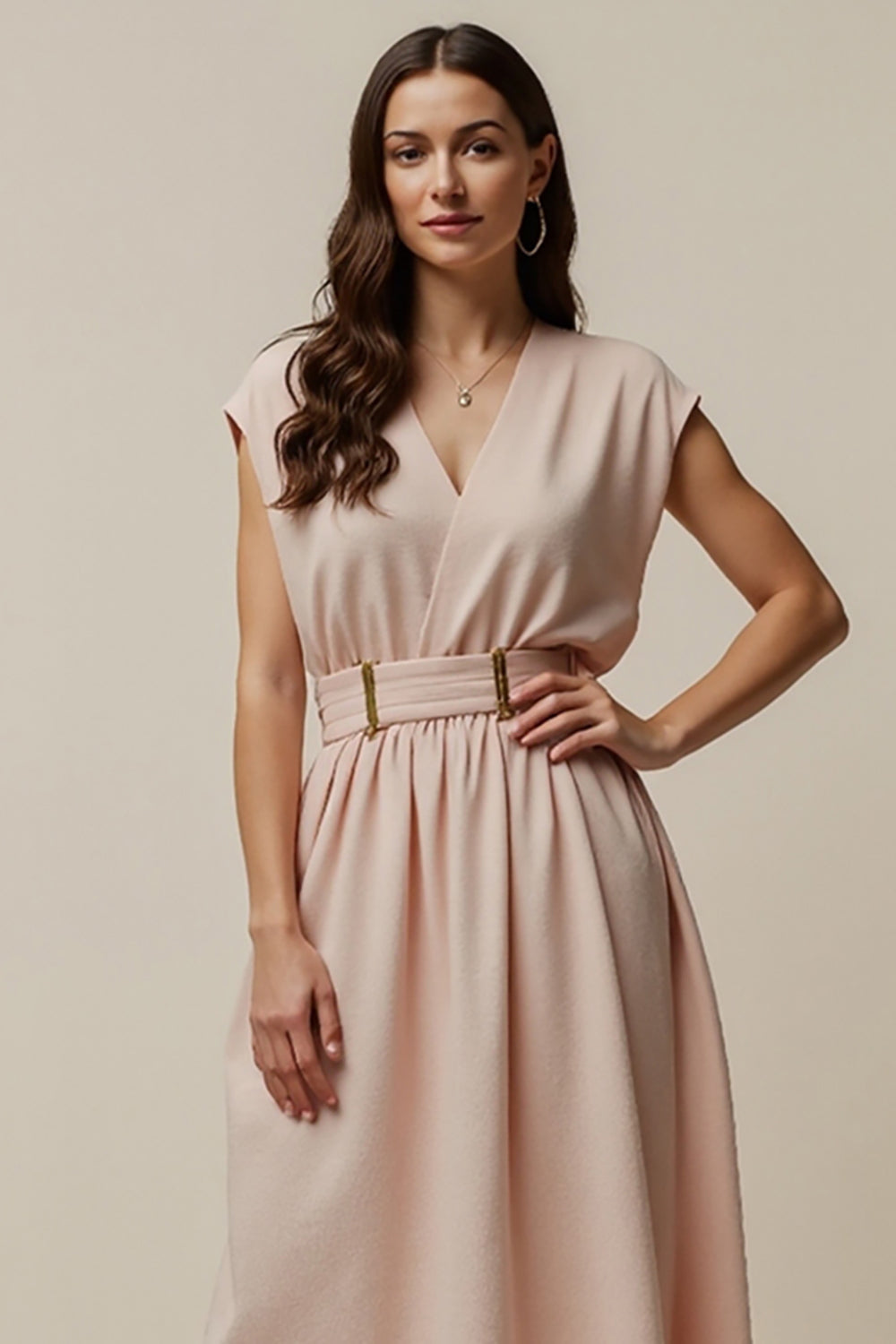 Blush V-Neck A Line Maxi Work Dress with Belt