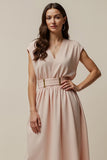 Blush V-Neck A Line Maxi Work Dress with Belt