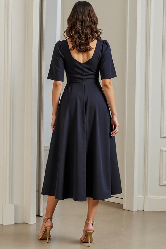 Navy Short Sleeves Ruched A Line Midi Work Dress with Slit