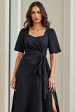 Navy Short Sleeves Ruched A Line Midi Work Dress with Slit