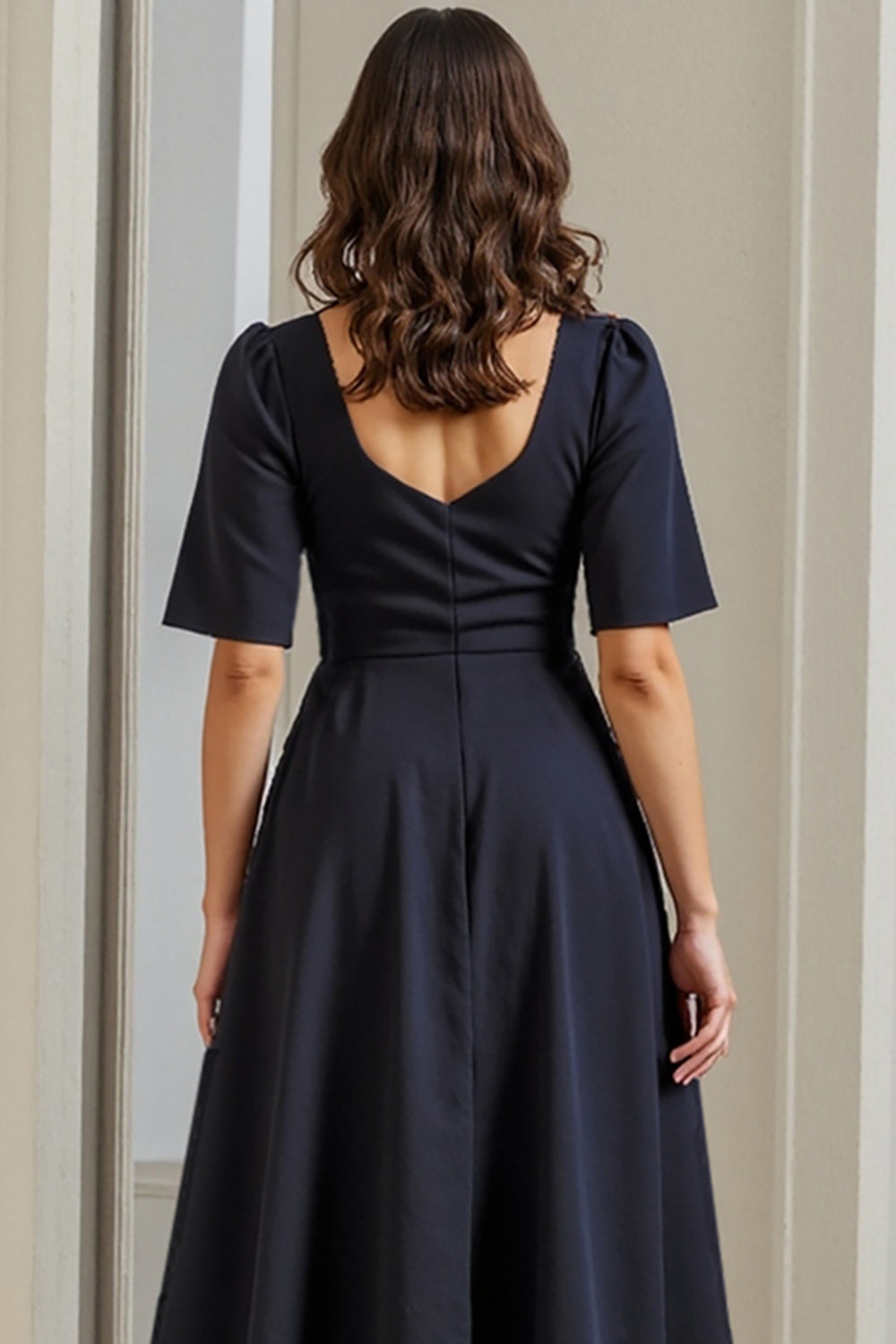 Navy Short Sleeves Ruched A Line Midi Work Dress with Slit