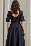 Navy Short Sleeves Ruched A Line Midi Work Dress with Slit