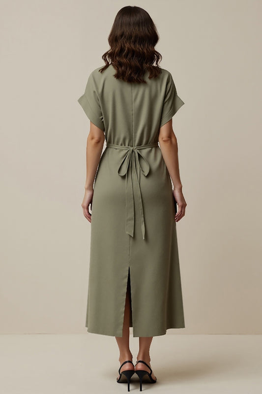 Grey Green Notched Lapel A Line Maxi Blazer Dress with Slit