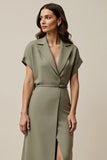 Grey Green Notched Lapel A Line Maxi Blazer Dress with Slit