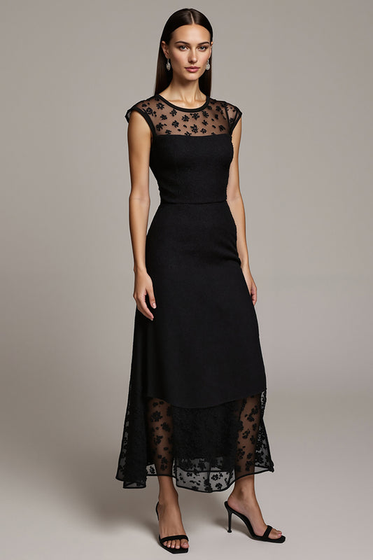 Black Cap Sleeves Illusion Neck Maxi Work Dress with Lace
