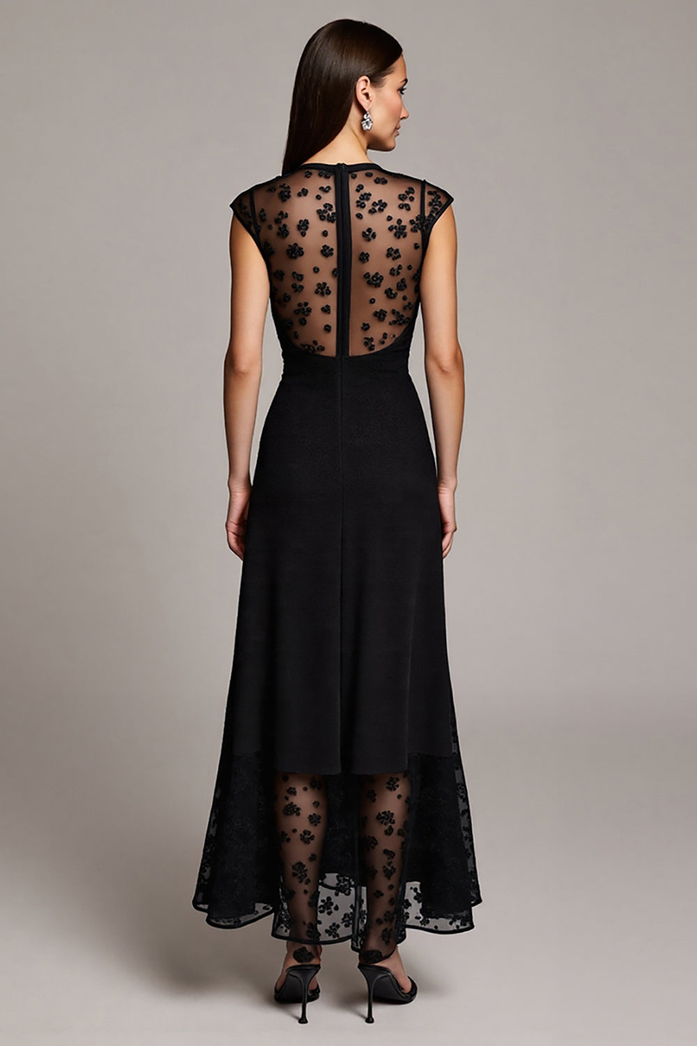 Black Cap Sleeves Illusion Neck Maxi Work Dress with Lace