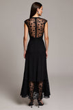 Black Cap Sleeves Illusion Neck Maxi Work Dress with Lace