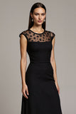 Black Cap Sleeves Illusion Neck Maxi Work Dress with Lace