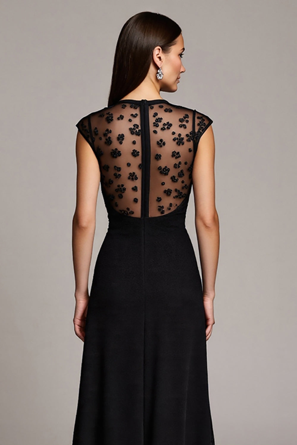 Black Cap Sleeves Illusion Neck Maxi Work Dress with Lace