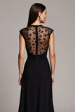 Black Cap Sleeves Illusion Neck Maxi Work Dress with Lace