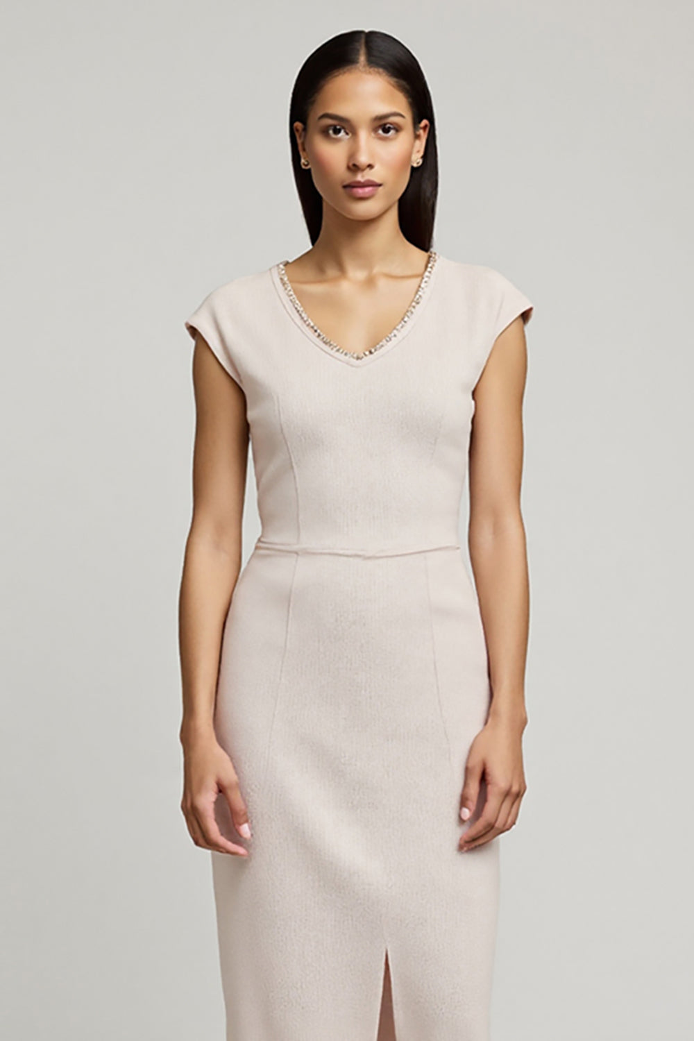 Light Pink Pencil Cap Sleeves Midi Work Dress with Slit
