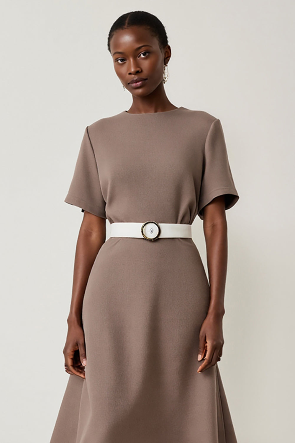 Grey Short Sleeves A Line Midi Work Dress with Belt
