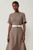 Grey Short Sleeves A Line Midi Work Dress with Belt