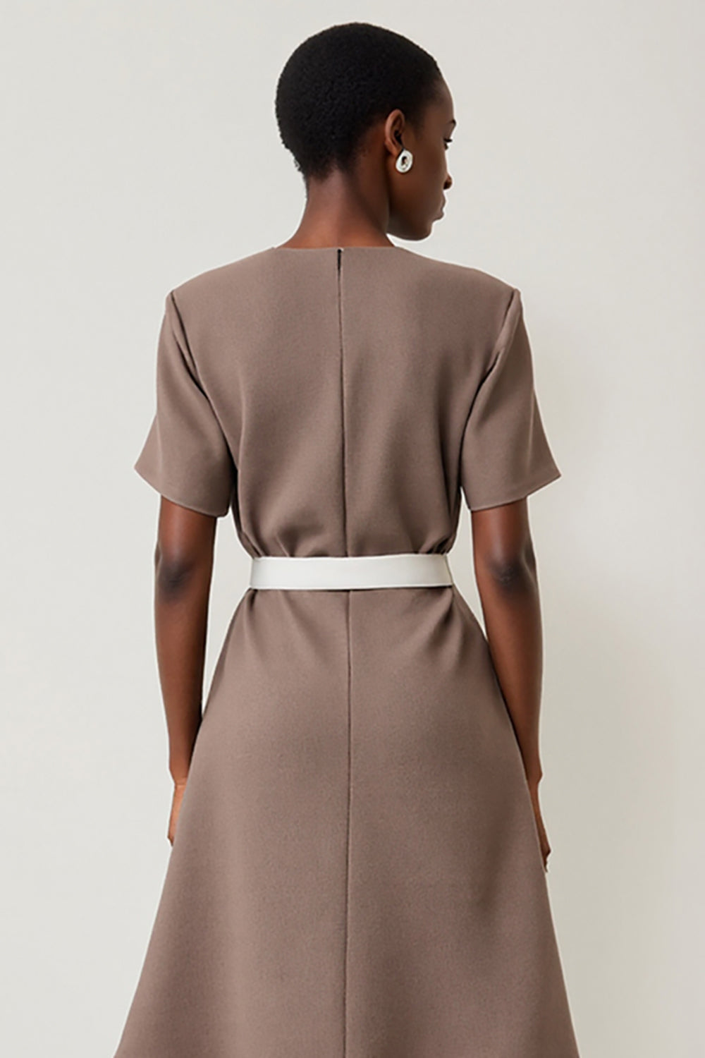 Grey Short Sleeves A Line Midi Work Dress with Belt