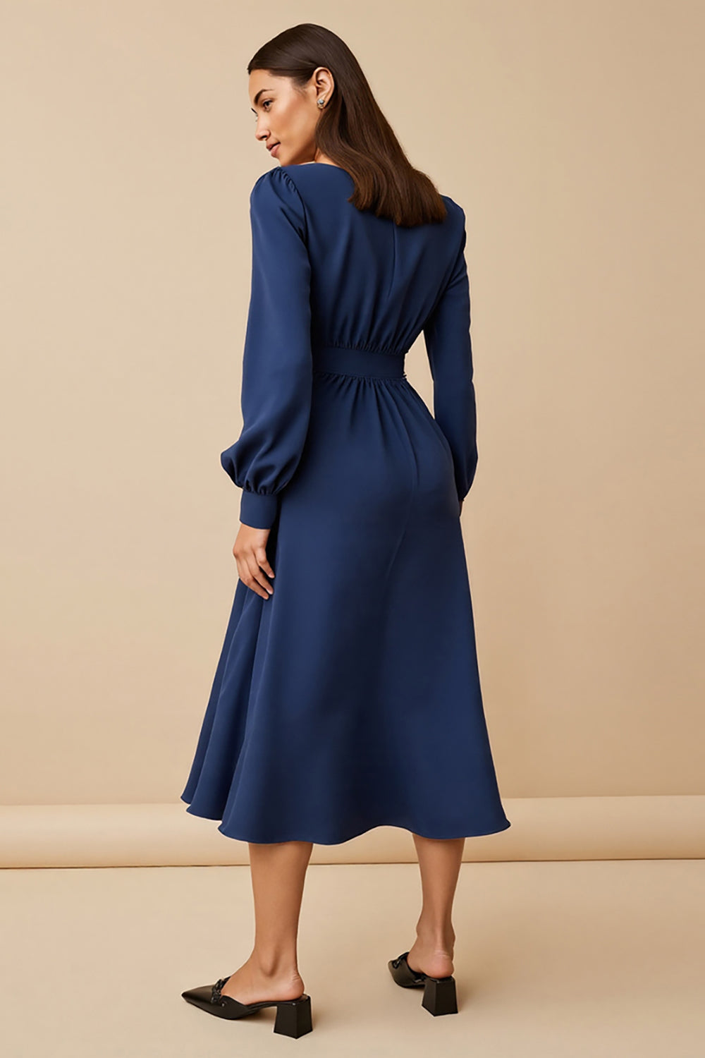 Navy Ruched A Line Midi Satin Work Dress with Sleeves