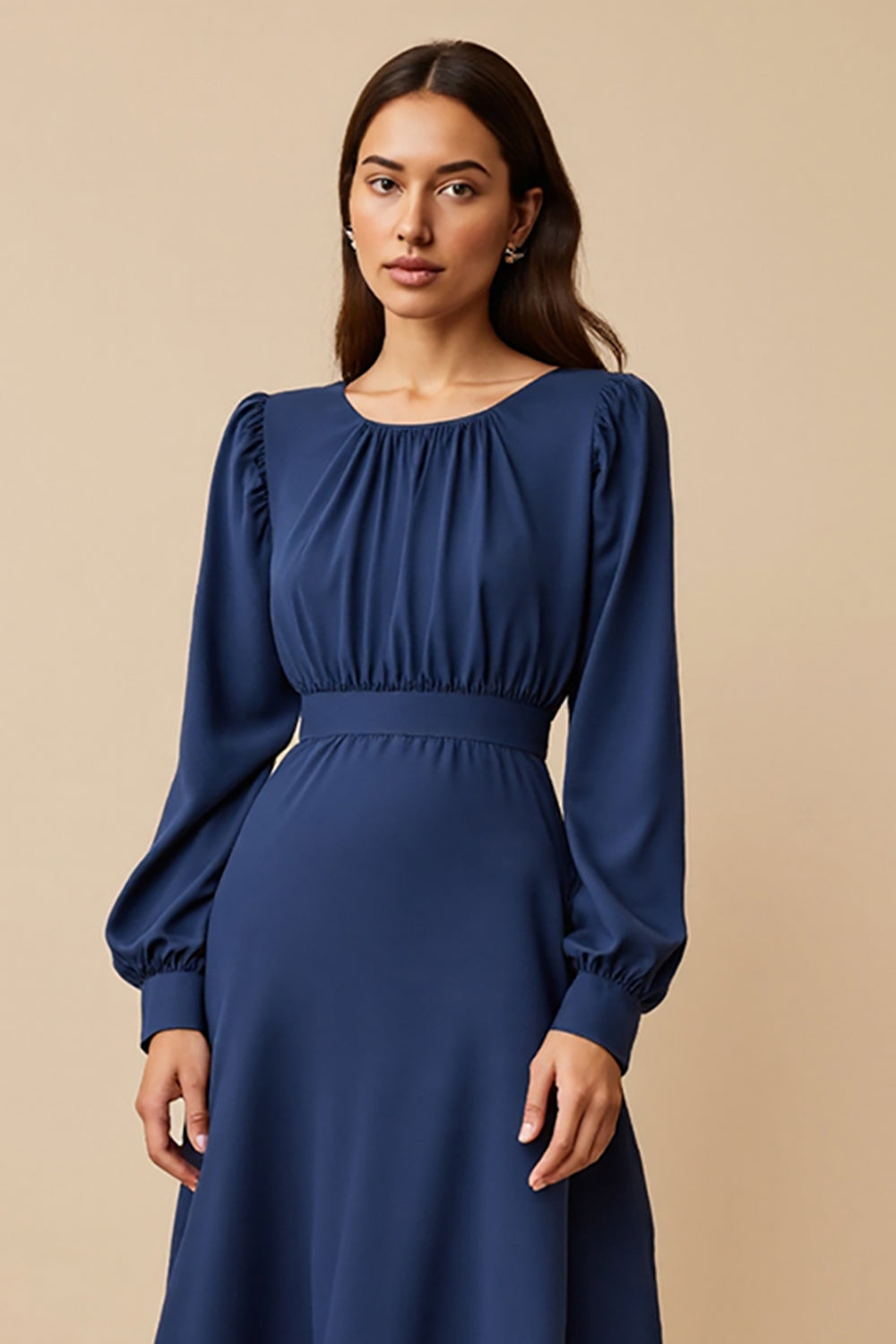 Navy Ruched A Line Midi Satin Work Dress with Sleeves