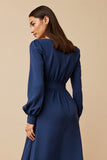 Navy Ruched A Line Midi Satin Work Dress with Sleeves